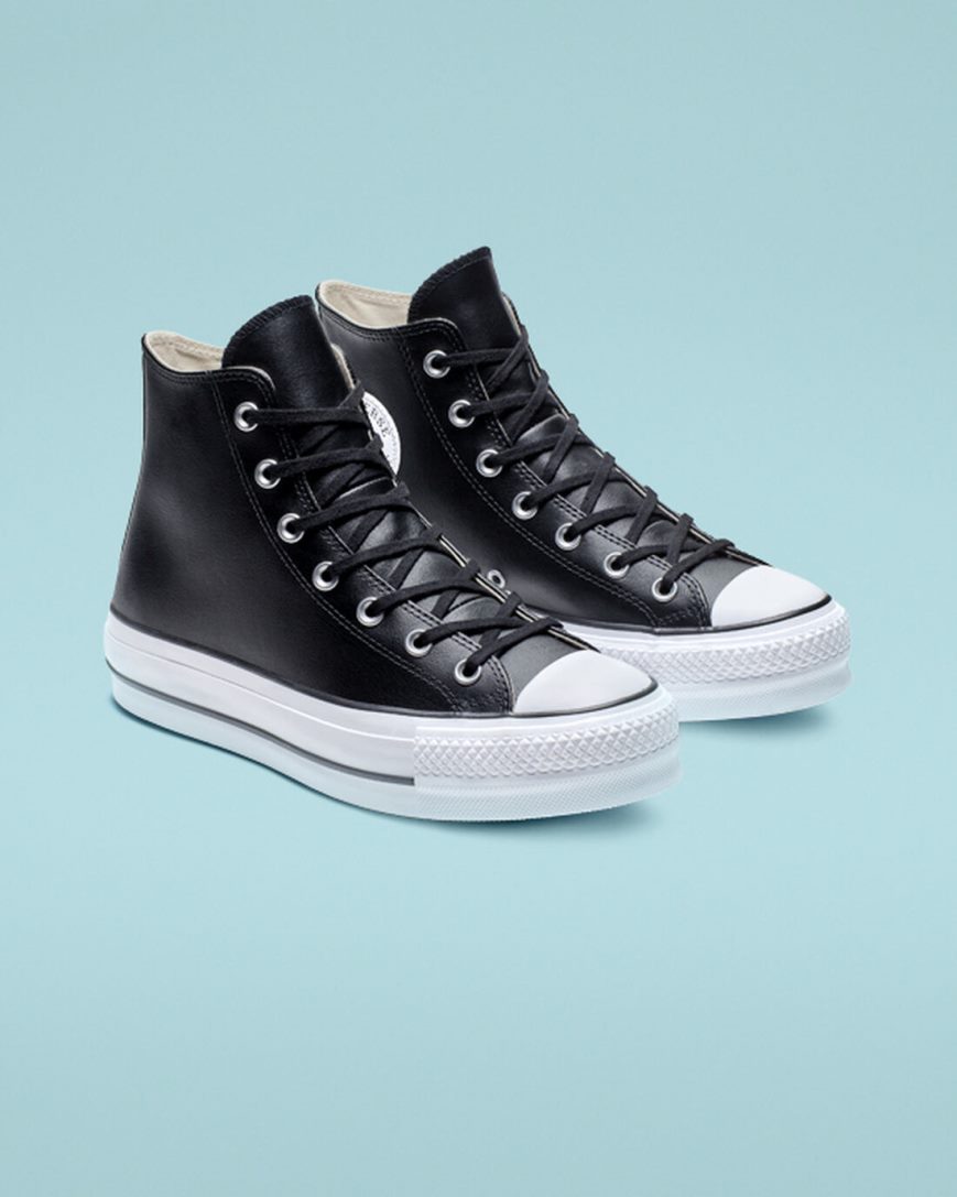 Sapatos Plataforma Converse Chuck Taylor All Star Lift Couro Cano Alto Feminino Pretas Branco | PT Y045T9P